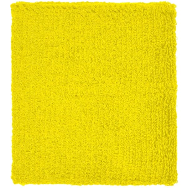 A bright yellow Terry Wristband with a textured surface, featuring a logo.