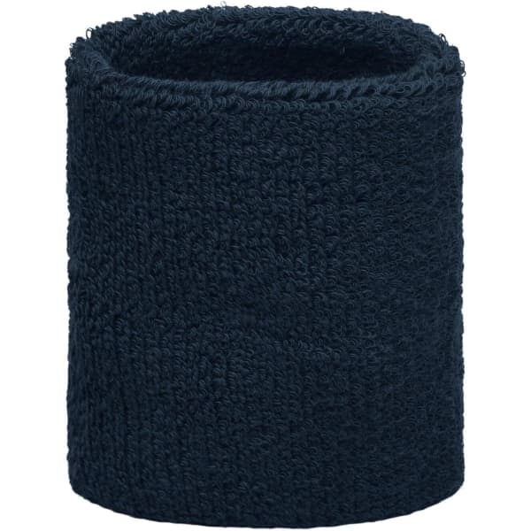 A navy Terry Wristband made of soft, textured fabric, featuring a logo on the side.