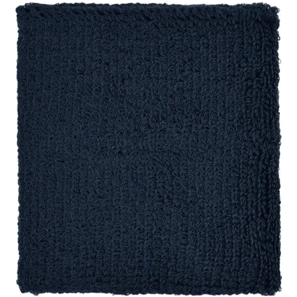 A dark navy Terry Wristband with a textured surface. Features a logo on one side.