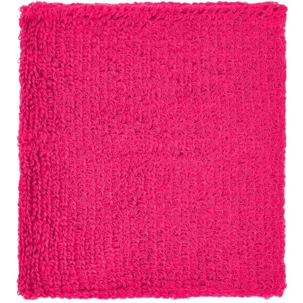 A pink Terry Wristband with a textured surface, featuring a logo and designed as headwear.