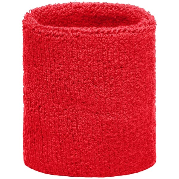A red Terry Wristband, made of textured fabric, featuring a simple design and a logo.