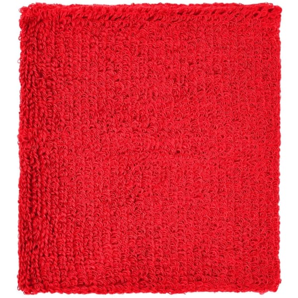 A red Terry Wristband made of soft, textured fabric, featuring a logo on one side.