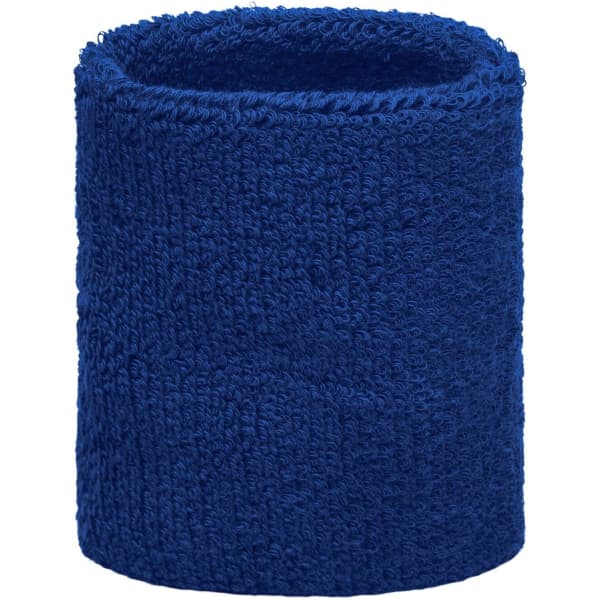 A blue Terry Wristband with a soft, textured fabric. It has a logo featured on the design.