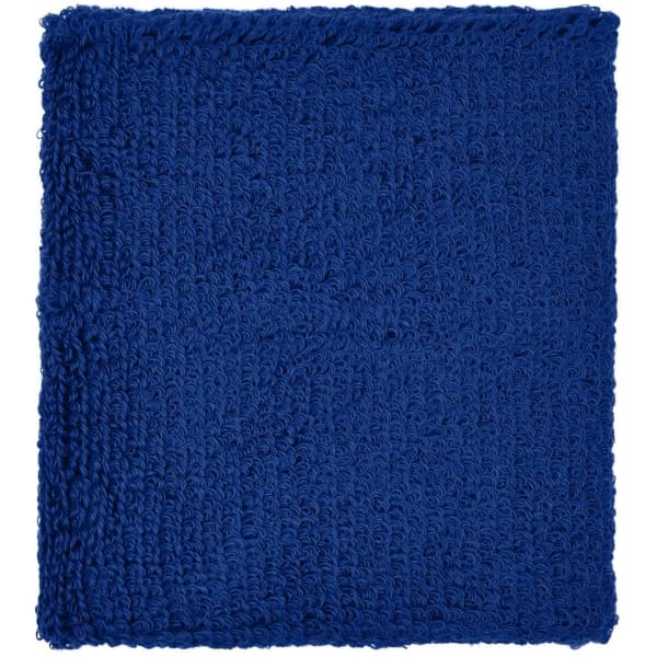 A blue Terry Wristband with a textured surface and a logo. Suitable for headwear accessories.