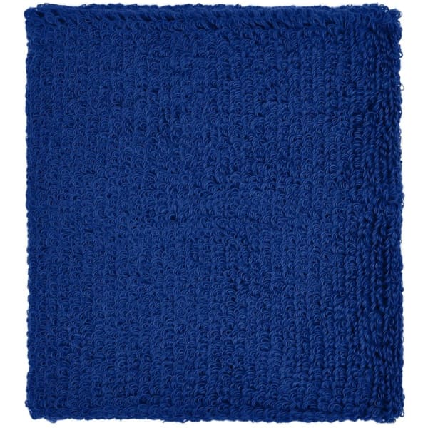 A blue Terry Wristband made of soft, textured fabric, designed for headwear use. It features a logo.