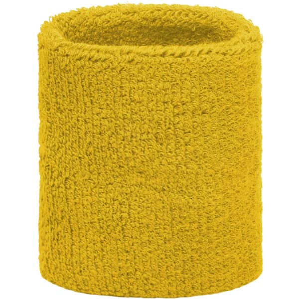 A yellow Terry Wristband made from soft, textured fabric, featuring a logo.