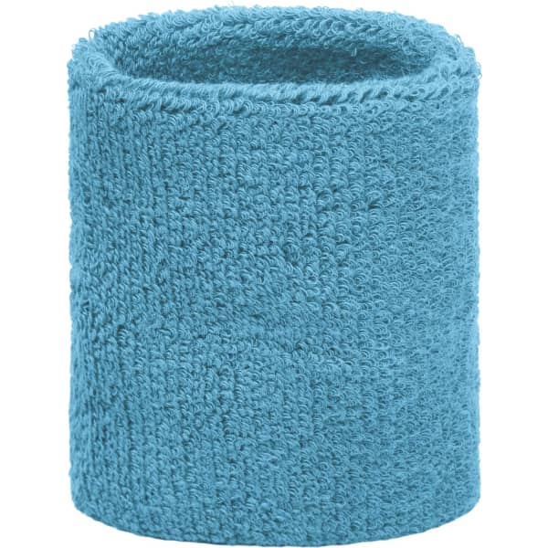 A blue terry wristband made from soft, absorbent fabric, featuring a plain texture.