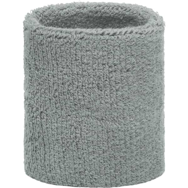 A grey Terry wristband made of textured fabric, featuring a simple design with no visible logos.