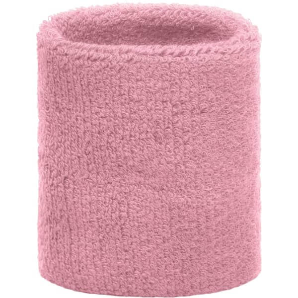 A pink terry wristband with a soft, textured finish, featuring a logo.
