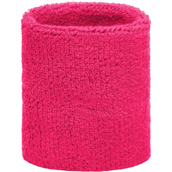 A pink Terry Wristband with a textured fabric, designed for headwear and headbands. It features a logo.