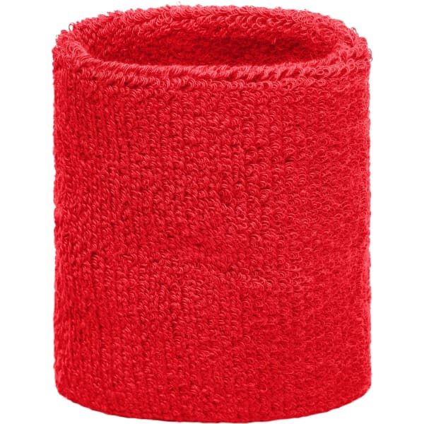 A red terry wristband with a textured fabric, featuring a simple design and a solid colour.