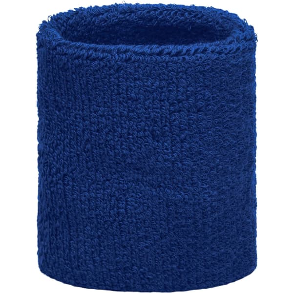 A blue Terry wristband with a soft, textured surface. It features a circular shape and includes a logo.