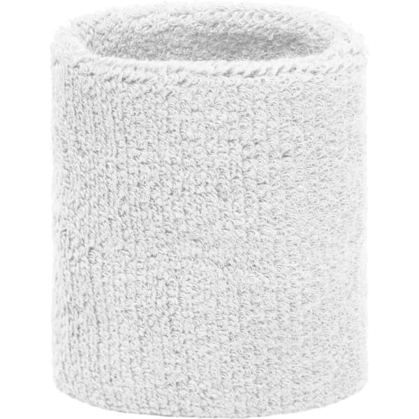A white terry wristband with a soft texture, featuring a circular design and a logo.