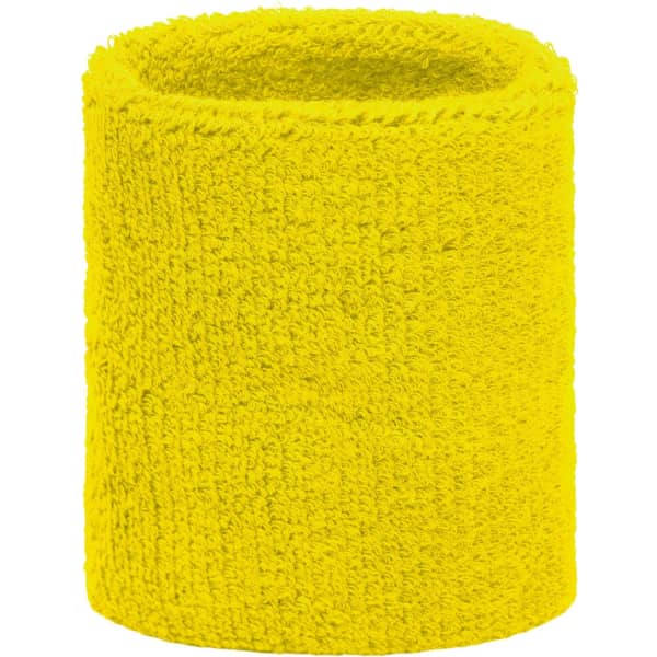 A bright yellow Terry Wristband, made of soft, textured fabric with a circular shape. Features a logo.