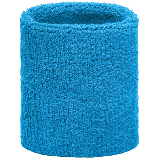 A blue terry wristband with a textured fabric, designed for headwear use. It has a logo on it.