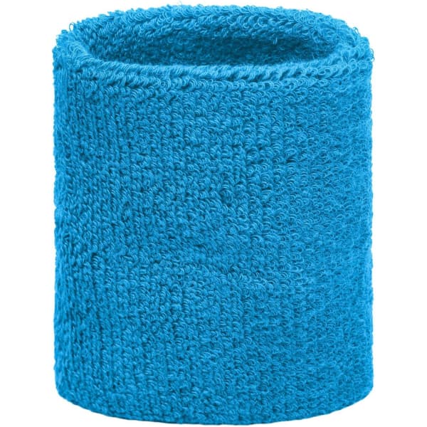 A blue Terry Wristband with a textured fabric design. It features a logo on the side.