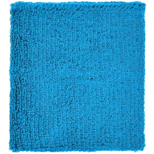 A vibrant blue Terry Wristband, featuring a textured fabric with a woven design. It has a logo.