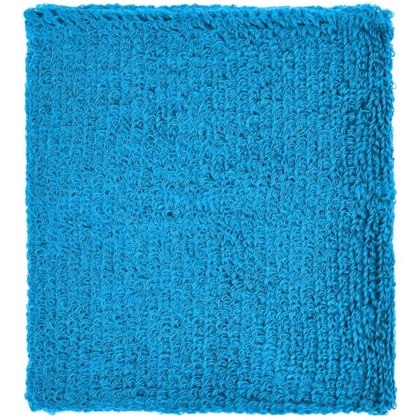 A textured turquoise Terry Wristband, showcasing a soft, looped fabric design. Features a logo.
