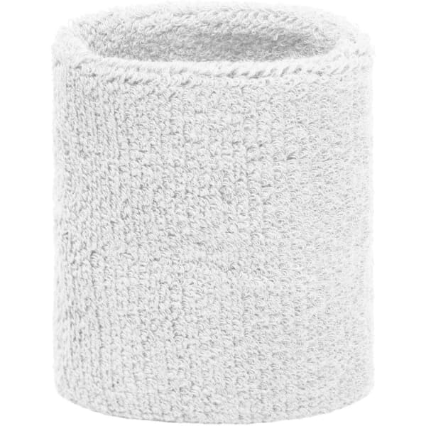 A white Terry wristband with a textured, soft finish, featuring a logo.
