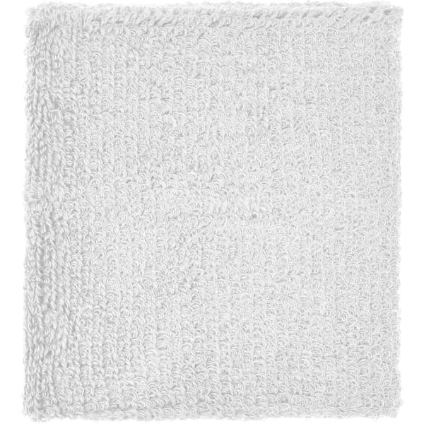 A white Terry Wristband with a textured surface, featuring a subtle woven design. It includes a logo.