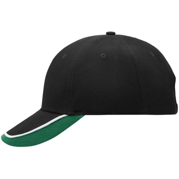 A black cap featuring a green visor, with contrasting detailing and an integrated logo.