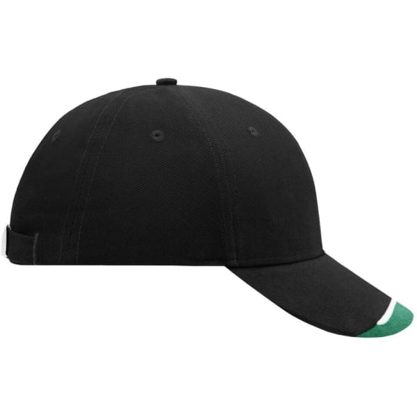 A black cap with a green underside on the peak, featuring a logo on the front.