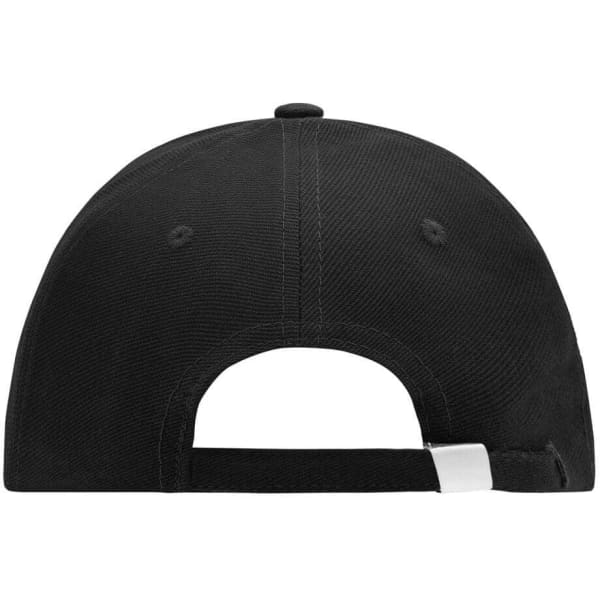 A black cap featuring a rear fastening and a logo on the side. The design is simple and sleek.