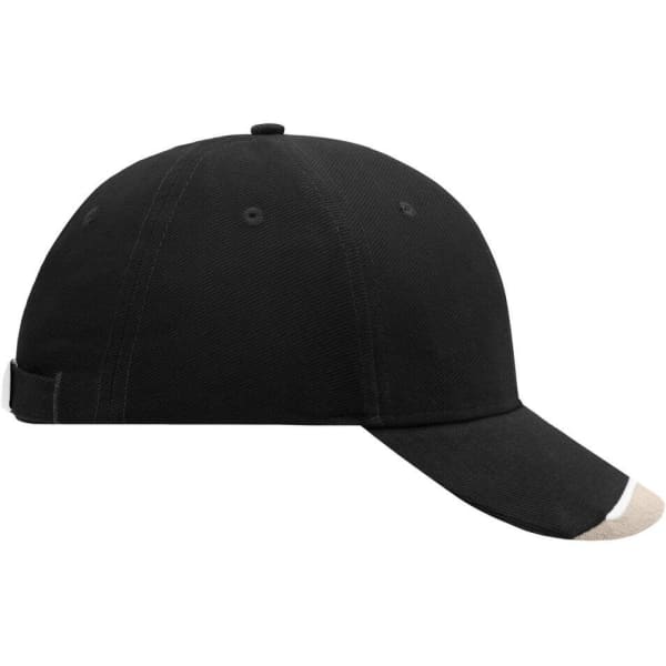 A black cap with a beige peak, featuring a logo on the side. The cap has a structured design and adjustable strap.