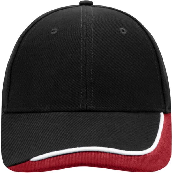 A black cap with a red and white peak, featuring a branded logo.