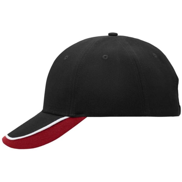 A black cap with a red brim and white detailing, featuring a logo on the front.