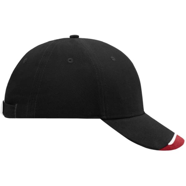A black cap with a red underside on the brim, featuring an adjustable strap and a logo.