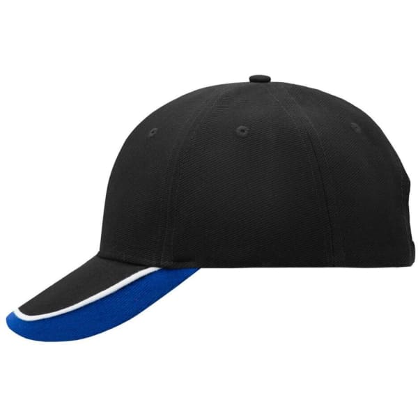 A black cap with a blue underbill and white piping along the brim. It features a logo on the front.