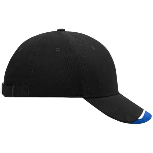 A black cap with a blue underside of the brim, featuring a logo on the front.