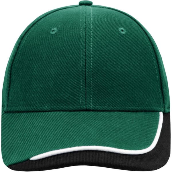 A green cap with a black visor and white piping. It features a logo on the front.