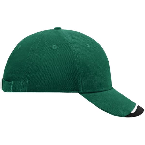 A green cap with a curved brim and an adjustable strap at the back, featuring a logo on the side.