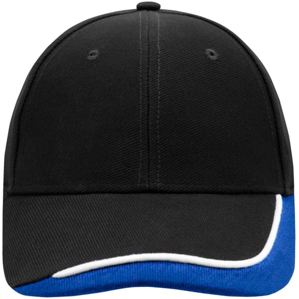 A black cap with a blue and white curved visor, featuring a logo on the front.