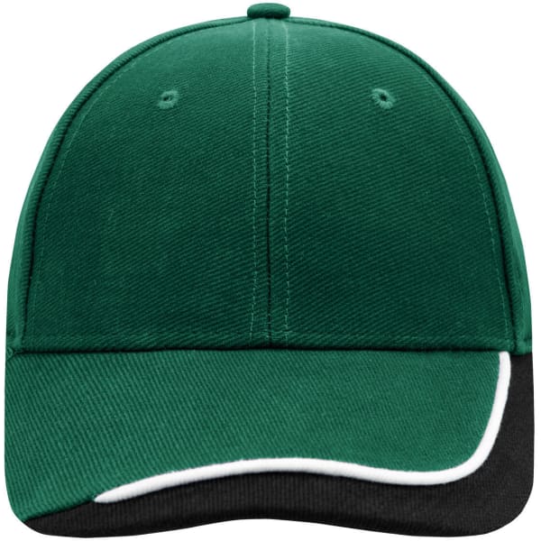 A green cap with a black brim and white piping, featuring a logo on the front.