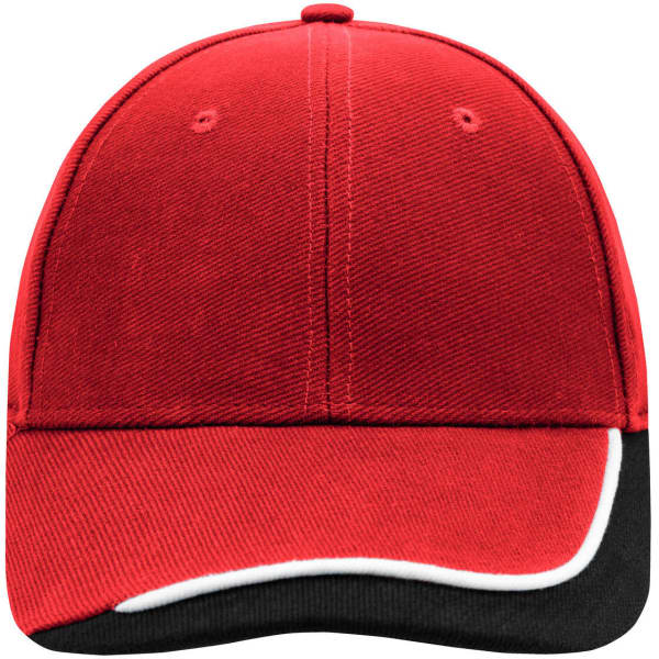 A red cap with a black visor and white piping. It features a logo on the front.