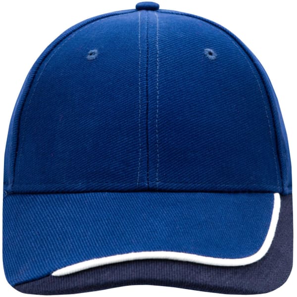 A navy blue cap with a curved brim and contrasting trim, featuring a logo on the front.