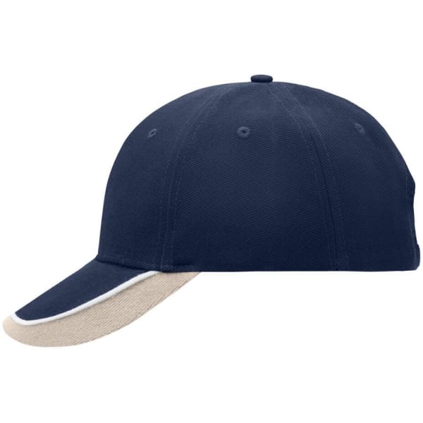 A navy blue cap with a beige brim and a logo on the front. Suitable for casual wear and summer activities.