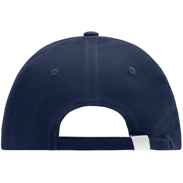 A navy cap featuring a curved brim and an adjustable strap at the back, with a logo present.