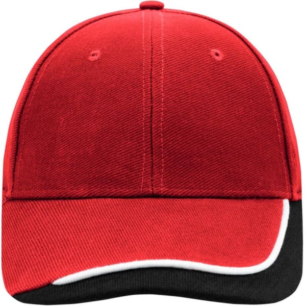 A red cap with a black and white peak, featuring a branding logo on the front.
