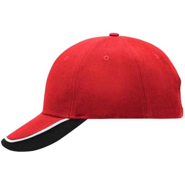 A red cap with a black brim and a white accent, featuring a logo on the front.