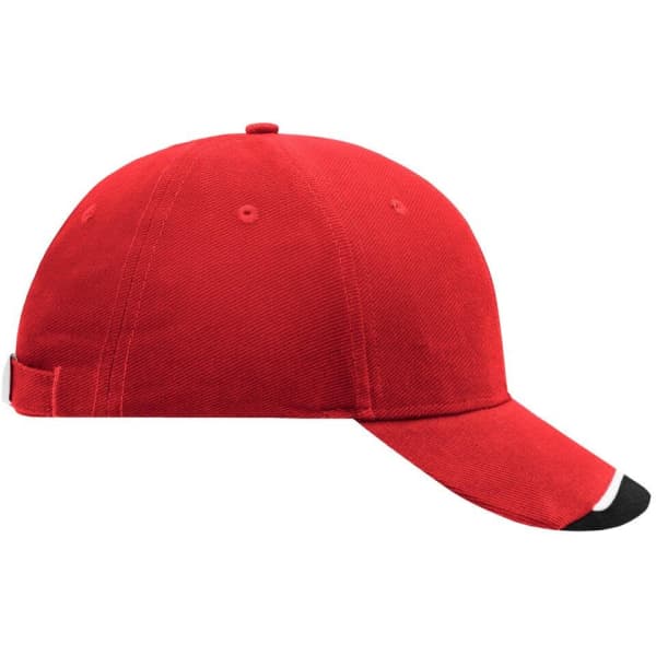 A red cap with a curved brim and a small black detail at the front. It features a logo on the side.