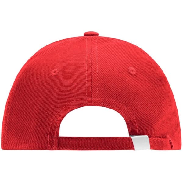A red cap featuring a rear view, showcasing a smooth texture and an adjustable strap. It includes a logo on the back.