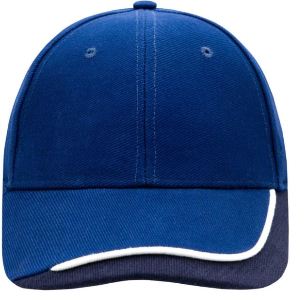 A blue cap with a white trim along the brim and a logo on the front.