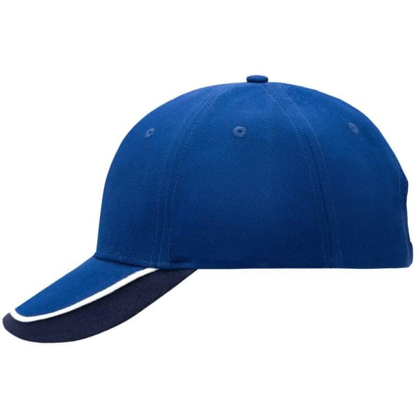 A blue cap with a curved peak and a darker blue trim, featuring a logo on the front.