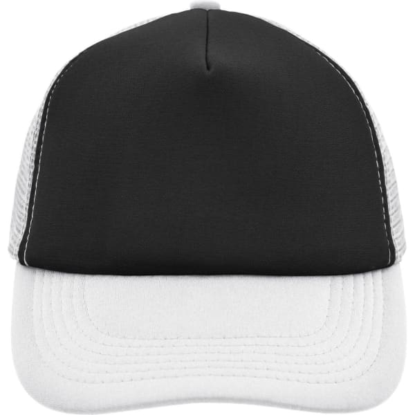 A black and white 5 Panel Polyester Mesh Trucker cap with a structured front and mesh sides.