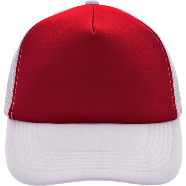 A red and white 5 Panel Polyester Mesh Trucker cap featuring a solid front panel and a mesh back, with a logo present.