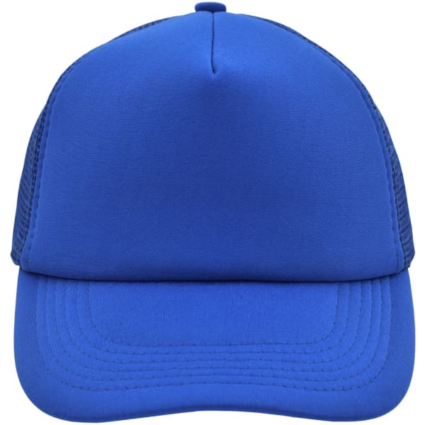 A blue 5-panel polyester mesh trucker cap with a solid front and mesh sides, featuring a branding logo.
